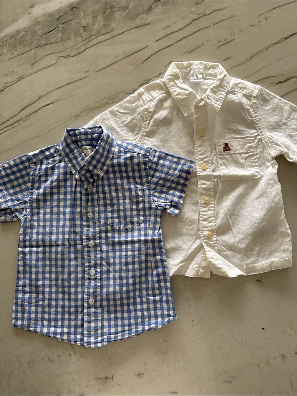 Toddler White Linen Short-Sleeve Shirt and Blue Gingham Shirt Set